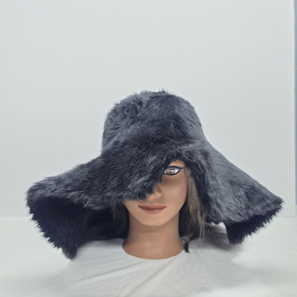 Long Hair Fur Felt Women's Black Capeline Wide Brim Cloche Floppy Hat Vintage
